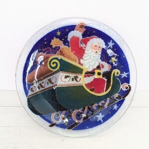 Peggy Karr Fused Glass Santa Sleigh Christmas 8" Plate SIGNED